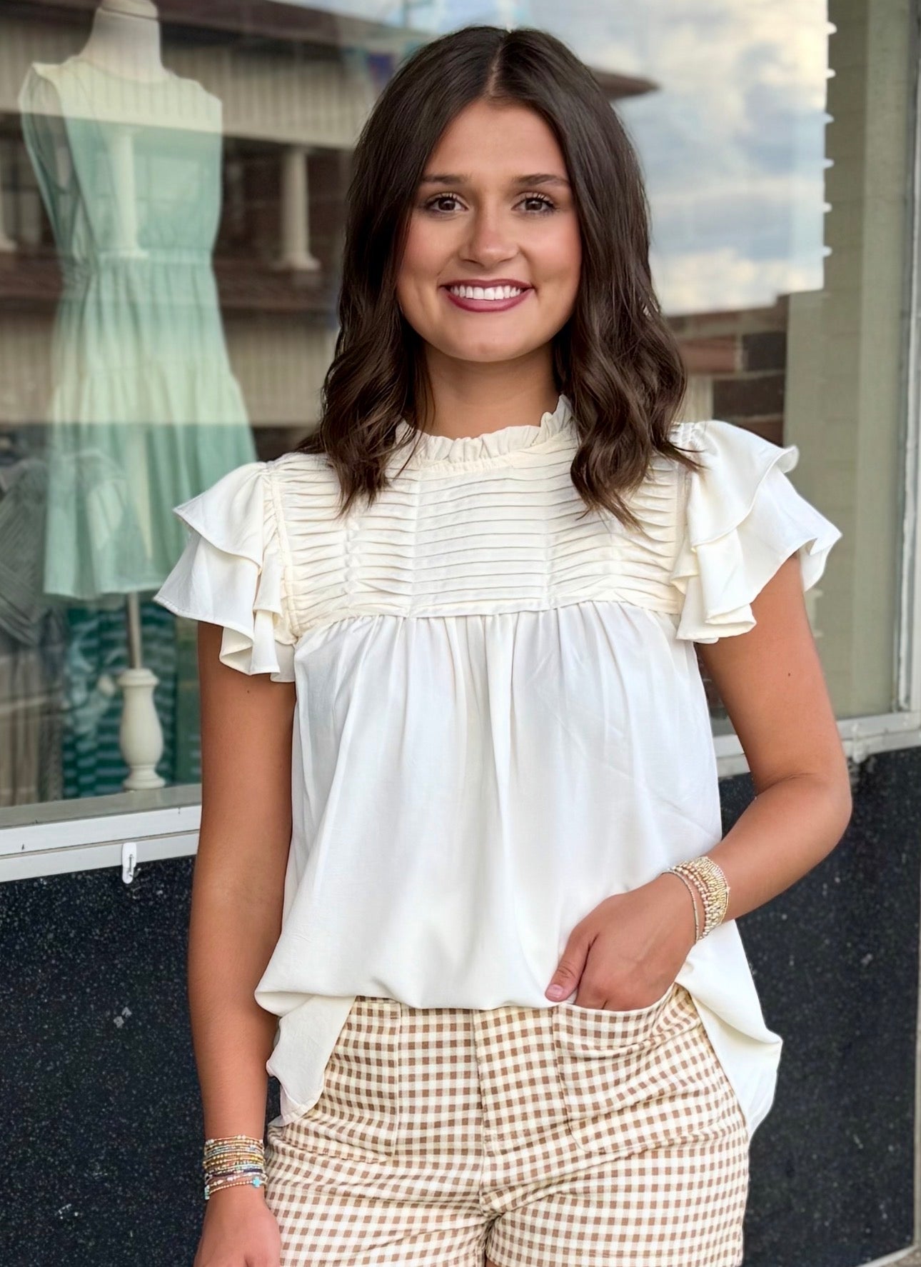 Ruffle Sleeve Pleated Woven Top