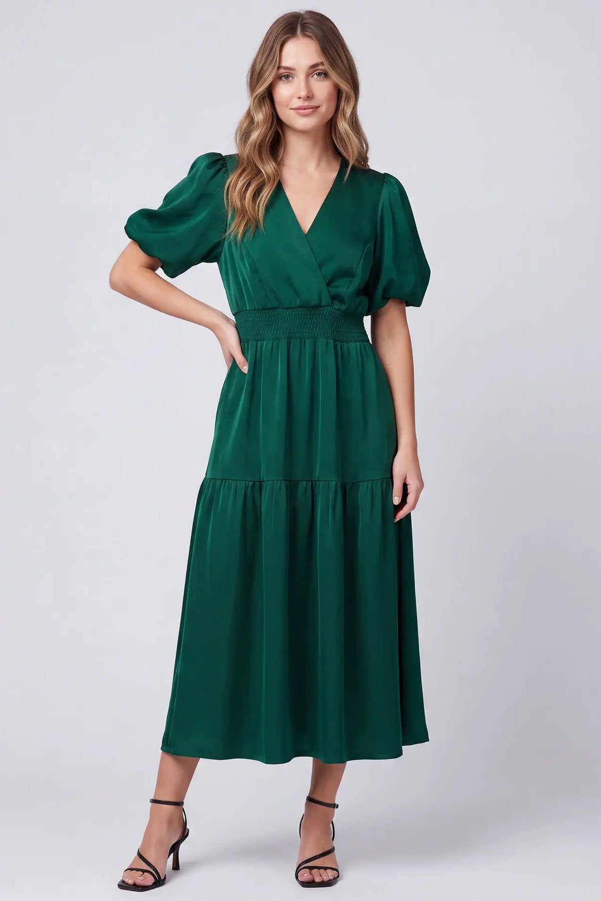Satin Surplice Midi Dress-Green