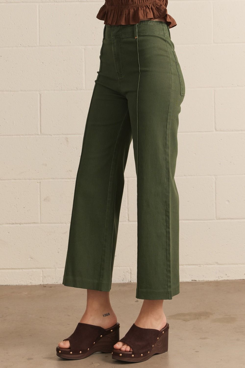 Seam Detail Wide Leg Pants-H Green