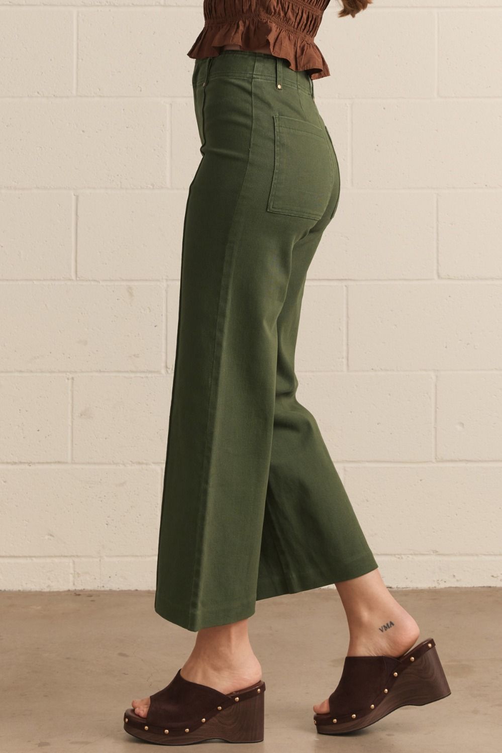 Seam Detail Wide Leg Pants-H Green