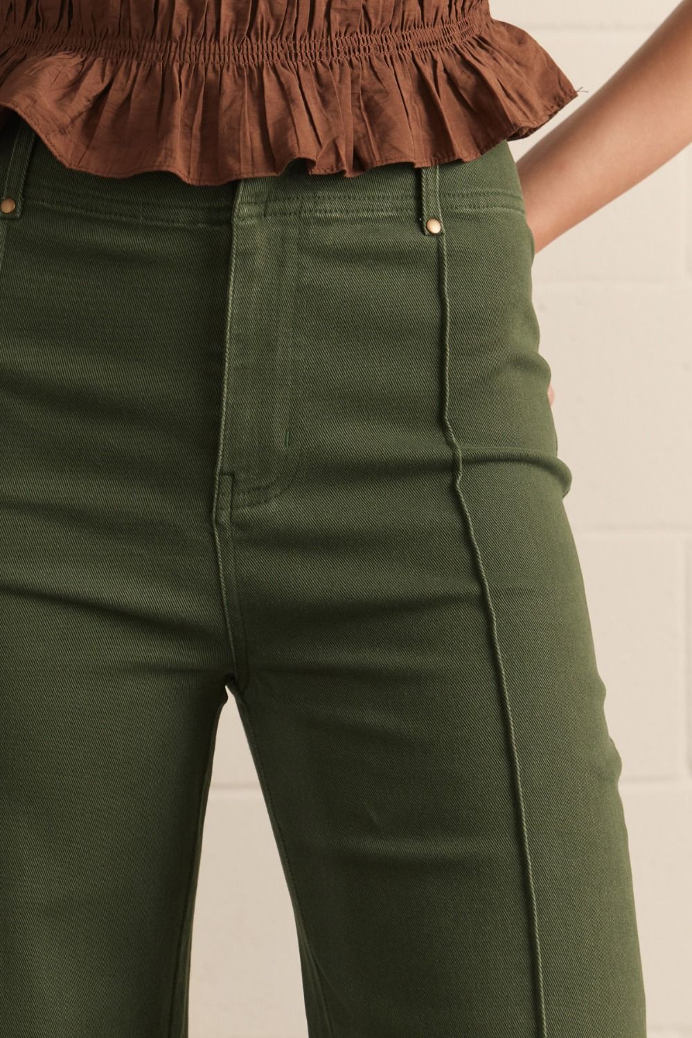 Seam Detail Wide Leg Pants-H Green