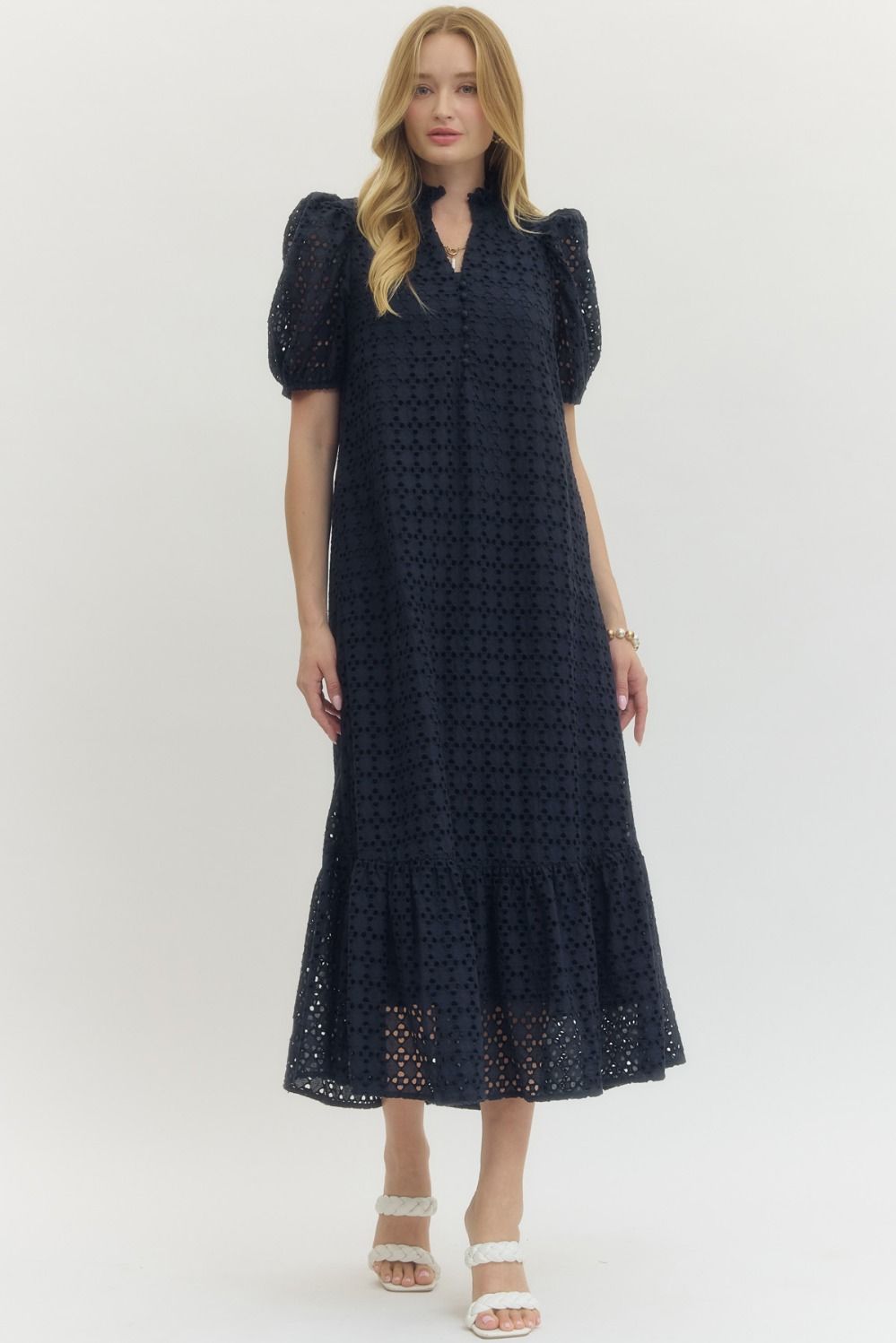 Eyelet Puff Sleeve Midi Dress-Navy