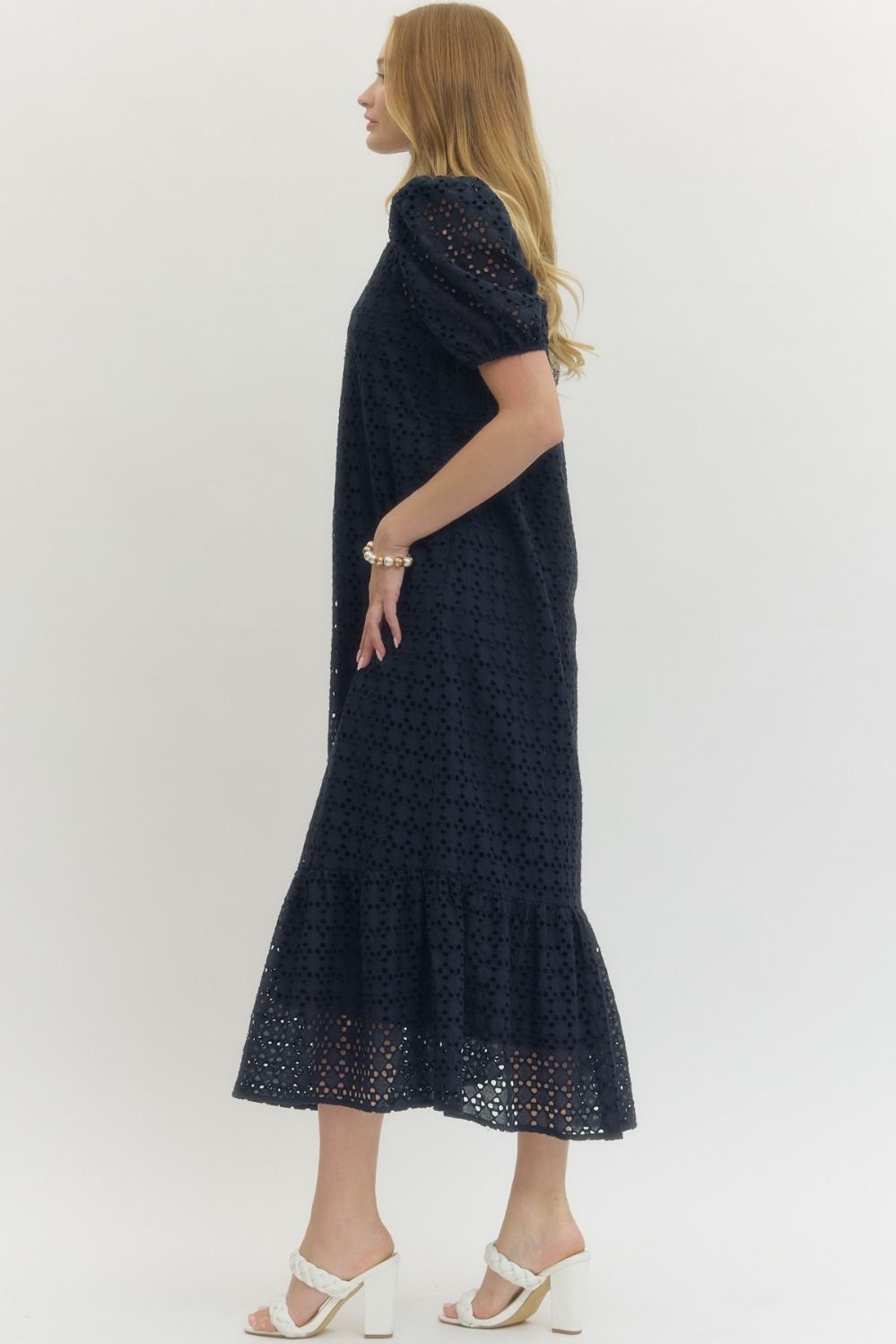 Eyelet Puff Sleeve Midi Dress-Navy