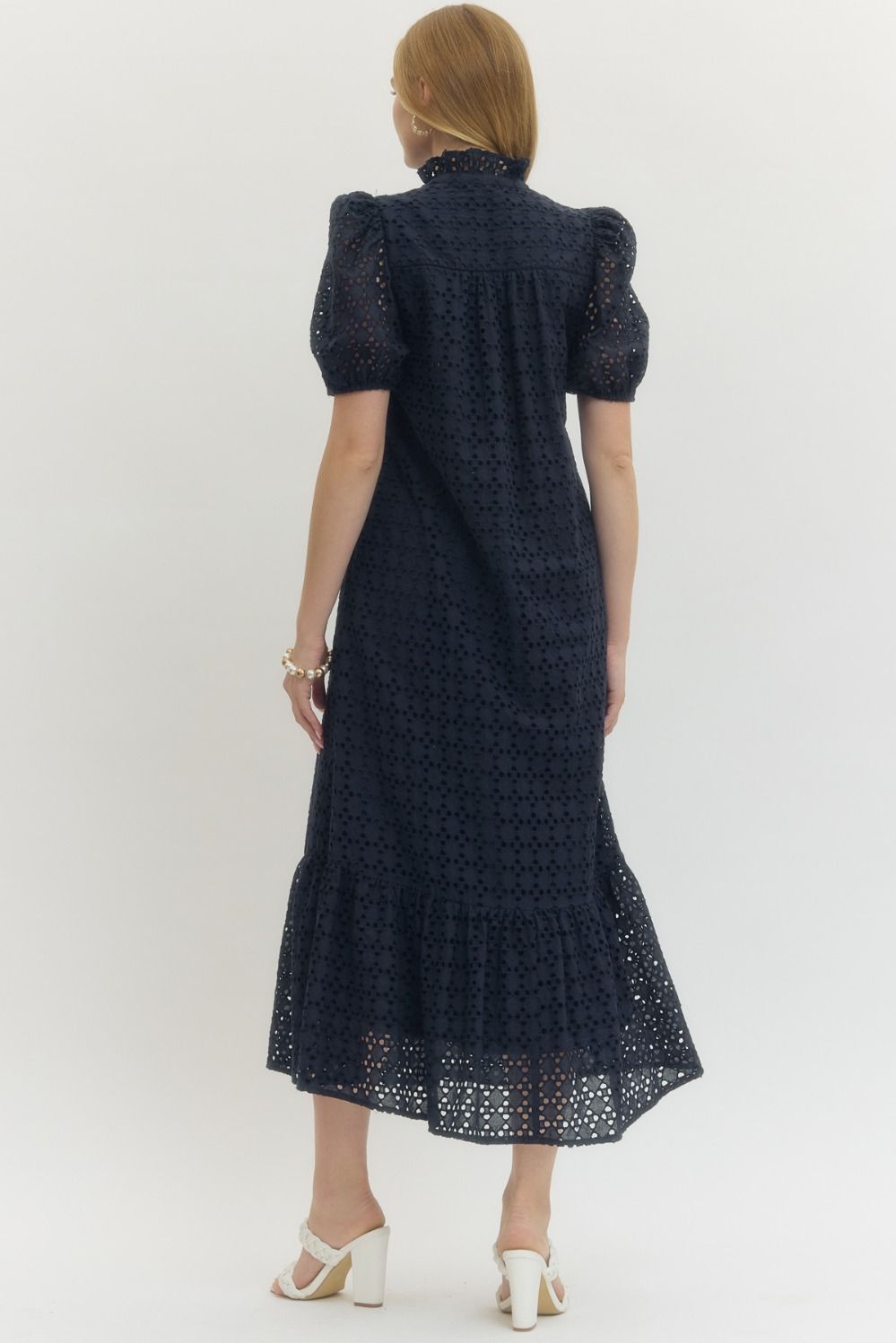 Eyelet Puff Sleeve Midi Dress-Navy