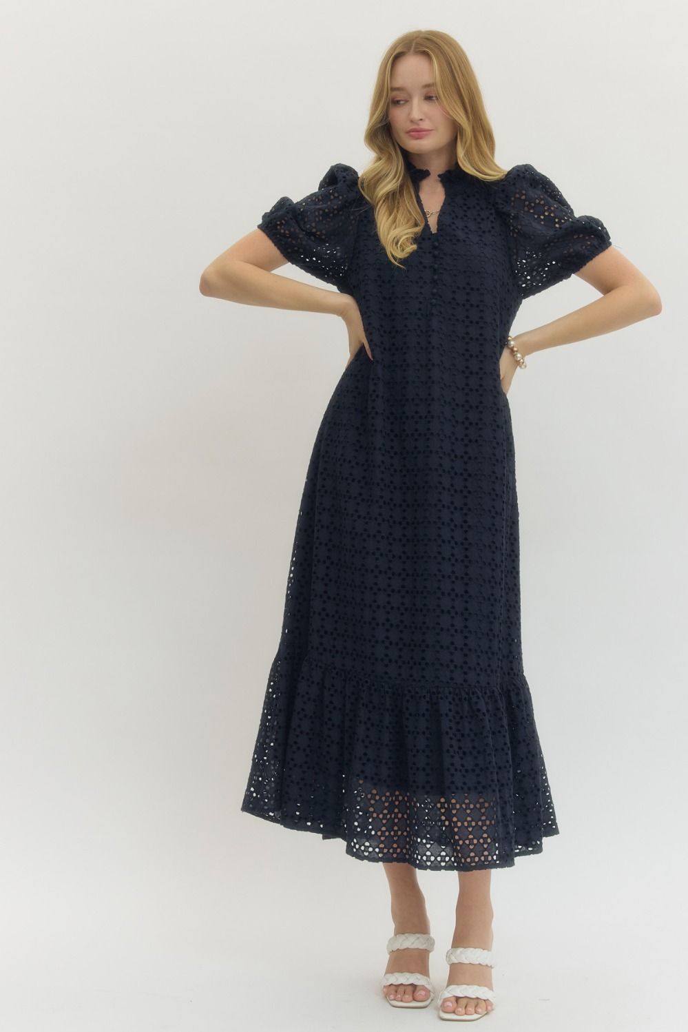 Eyelet Puff Sleeve Midi Dress-Navy