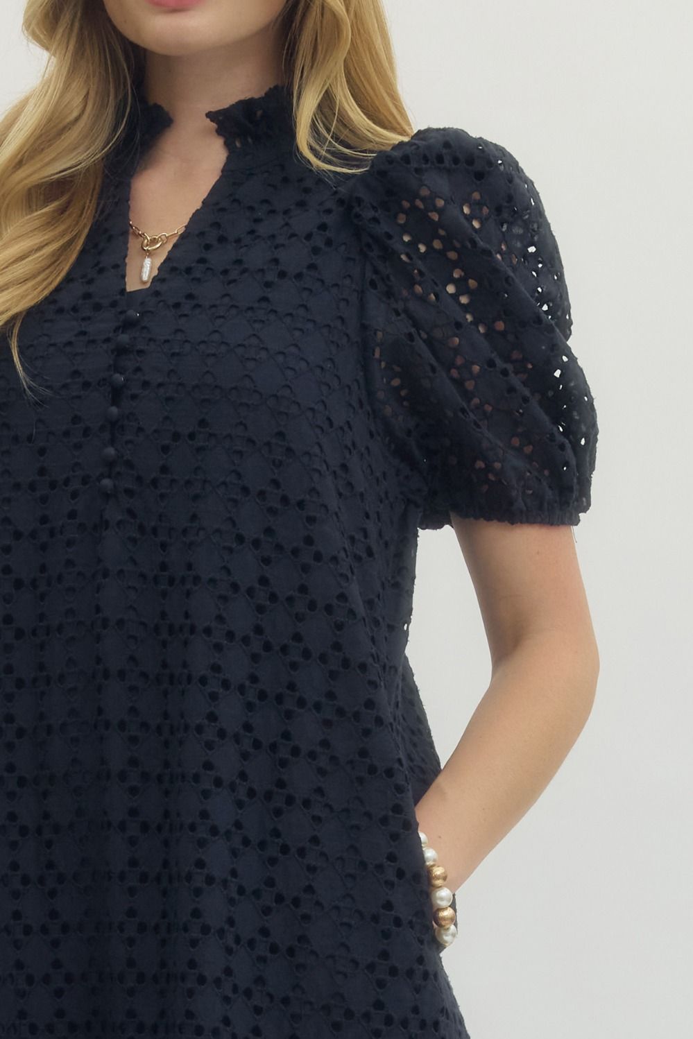 Eyelet Puff Sleeve Midi Dress-Navy