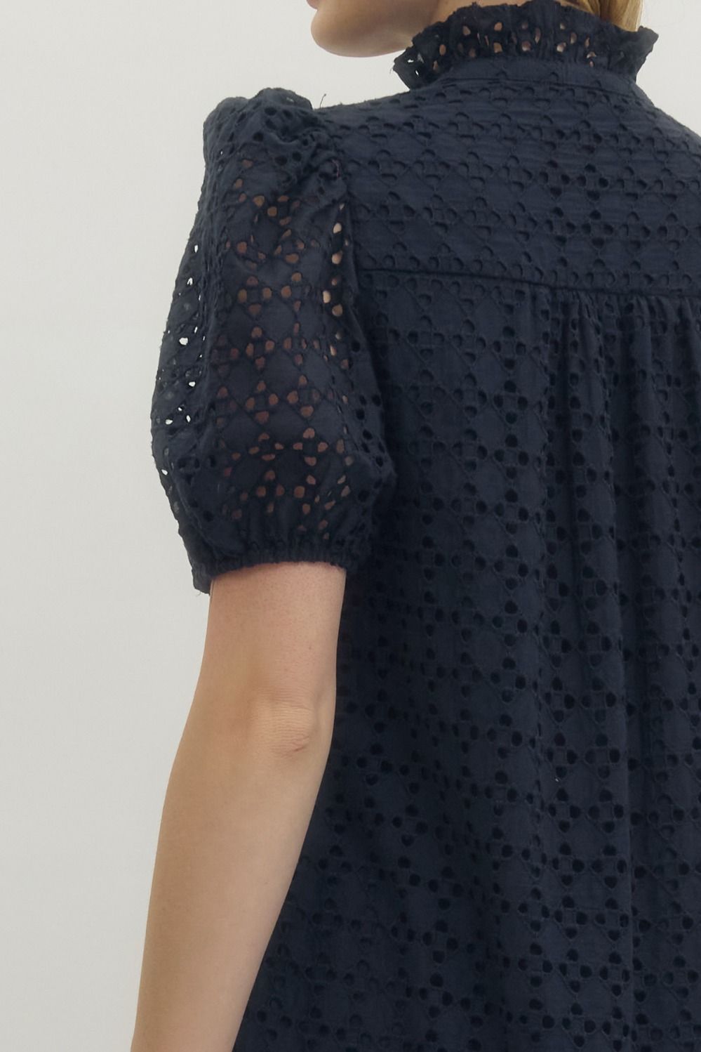 Eyelet Puff Sleeve Midi Dress-Navy
