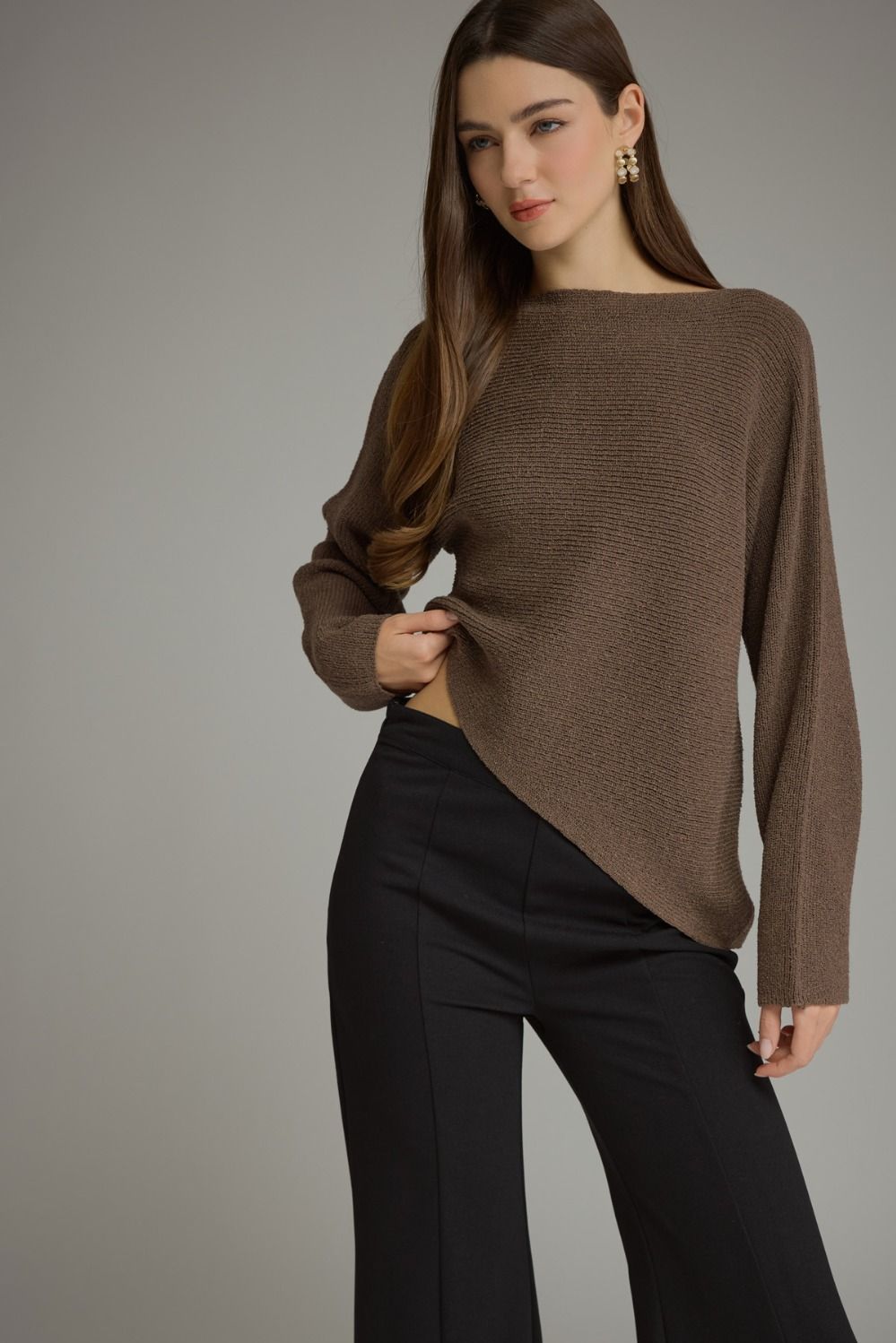 Asymmetrical Hem Knit Top-Mocha