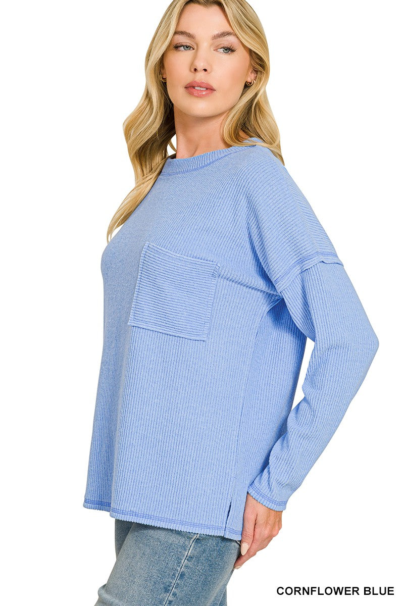 Zenana Ribbed Brushed Pocket Sweater