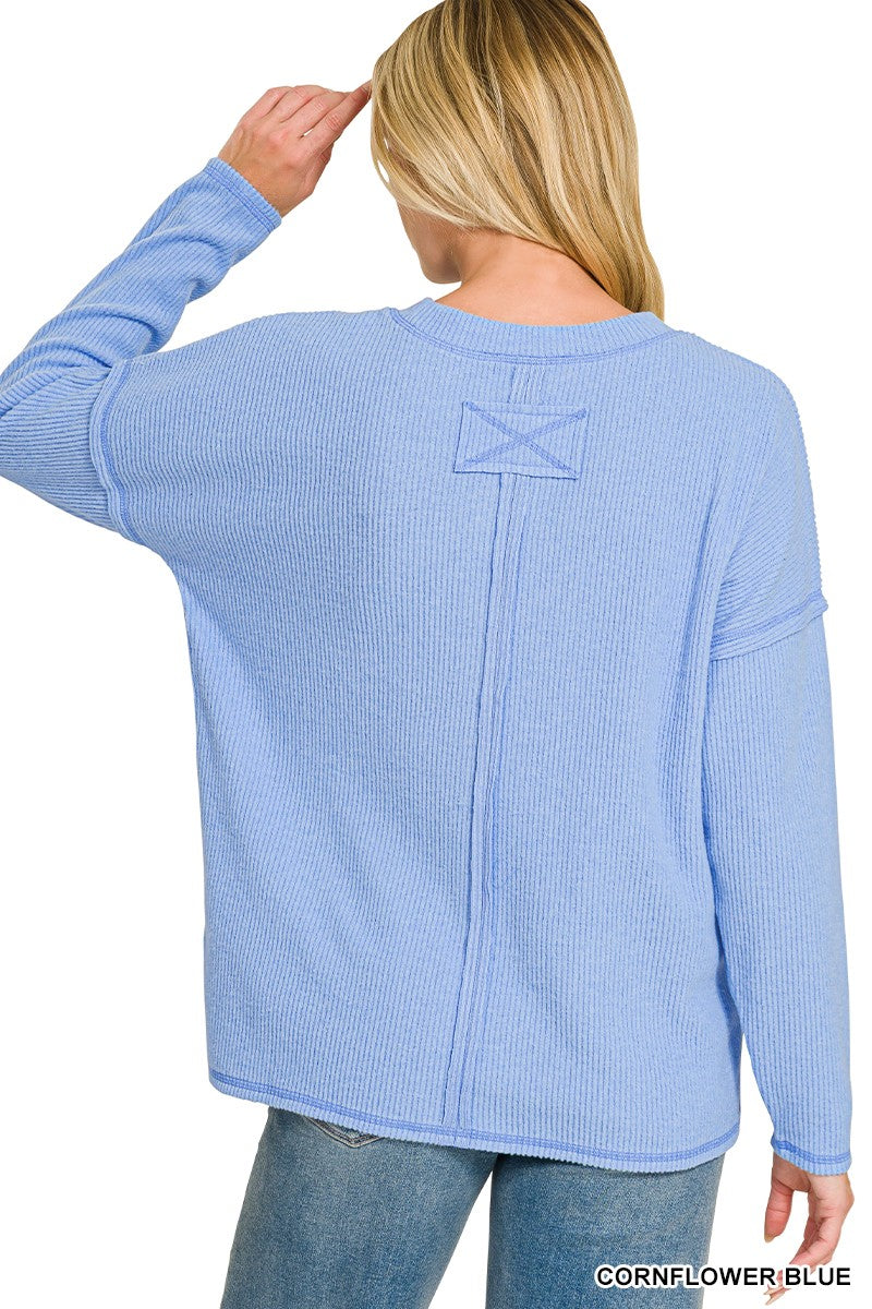 Zenana Ribbed Brushed Pocket Sweater