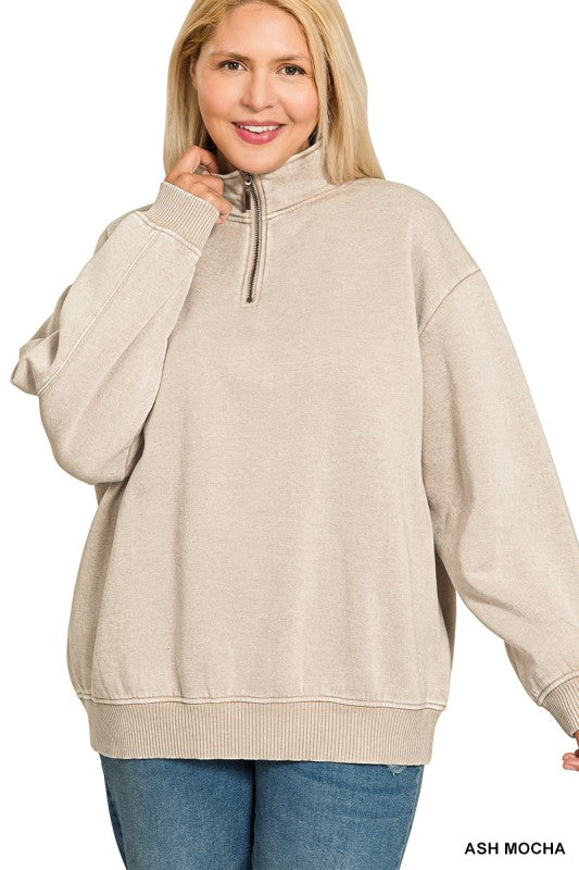 Zenana Plus Acid Wash Fleece Half Zip Pullover
