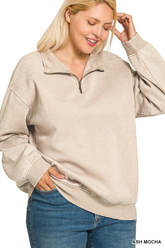 Zenana Plus Acid Wash Fleece Half Zip Pullover
