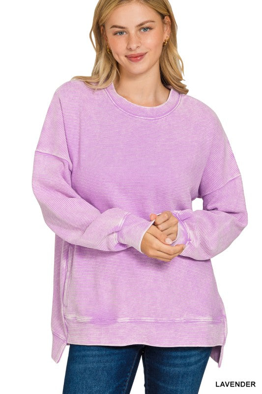 Zenana Acid Washed Double Ribbed Hi-low Pullover