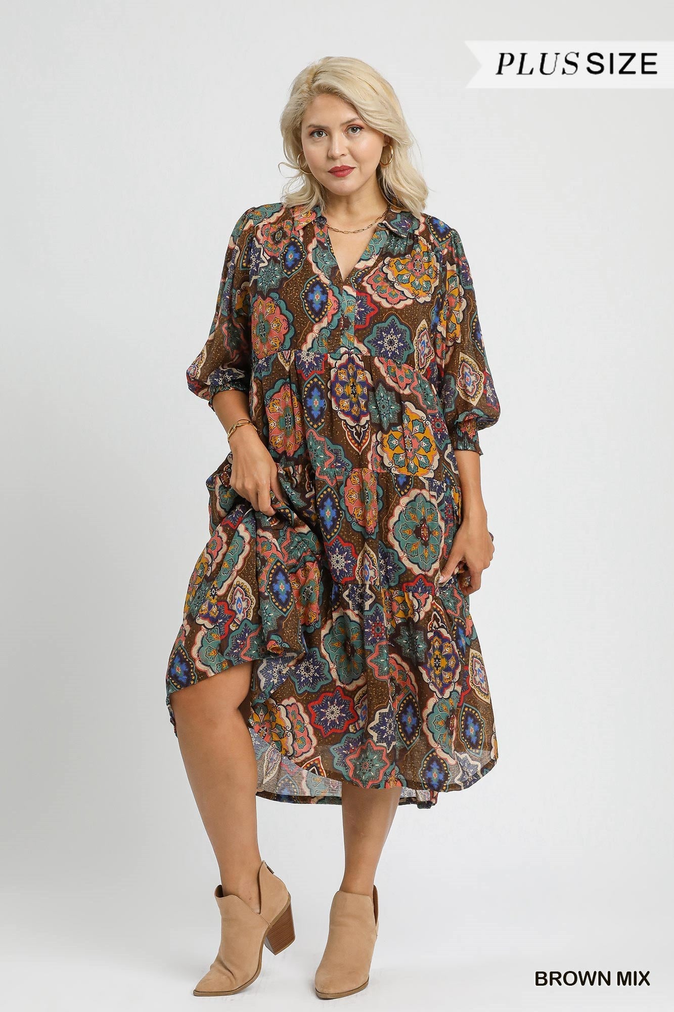 Umgee Curvy Boho Print Midi Dress
