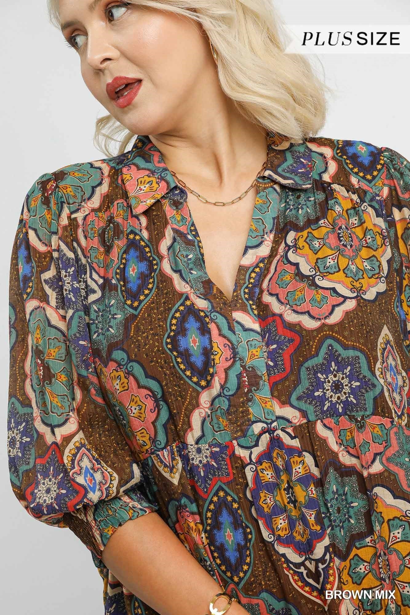 Umgee Curvy Boho Print Midi Dress