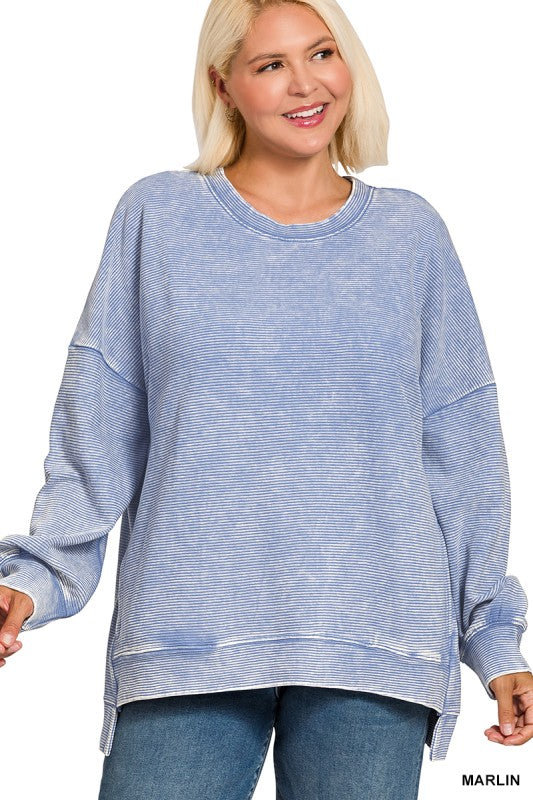 Zenana Curvy Acid Washed Ribbed Hi-low Pullover
