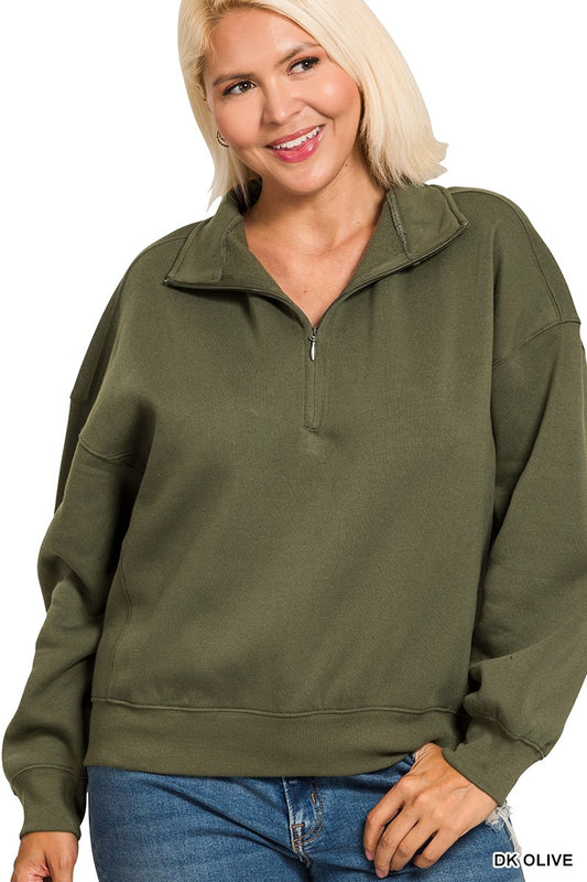 Zenana Curvy Fleece High Neck Half Zip Sweatshirts