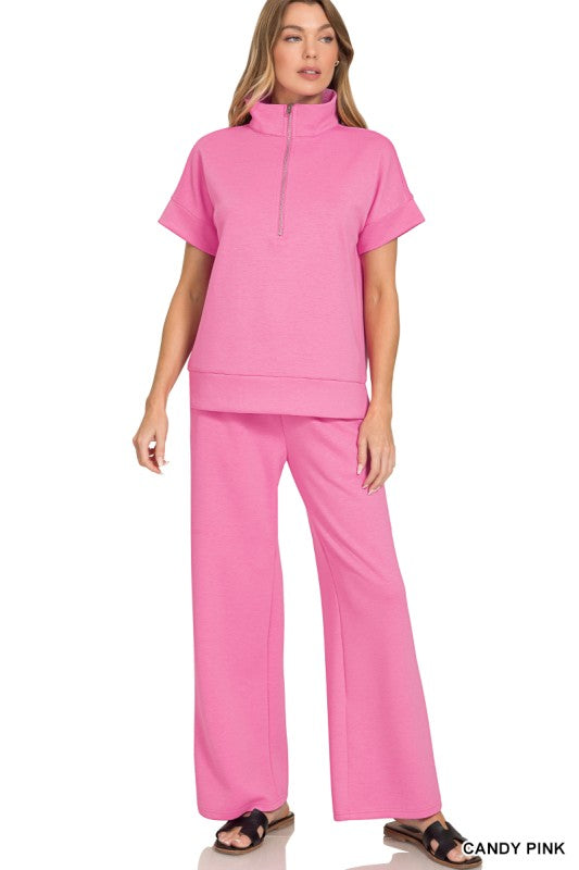 Zenana Scuba High Neck Half Zip Top & Pants Set