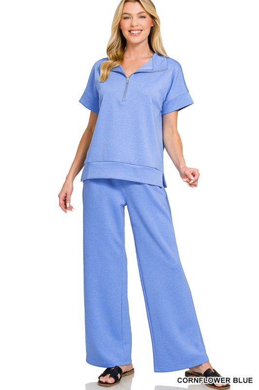 Zenana Scuba High Neck Half Zip Top & Pants Set
