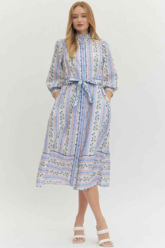 Floral Stripe 3/4 Puff Sleeve Midi Dress