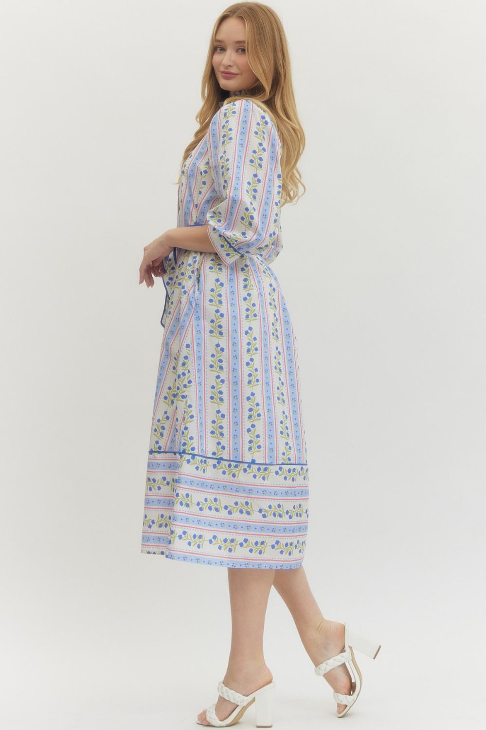 Floral Stripe 3/4 Puff Sleeve Midi Dress