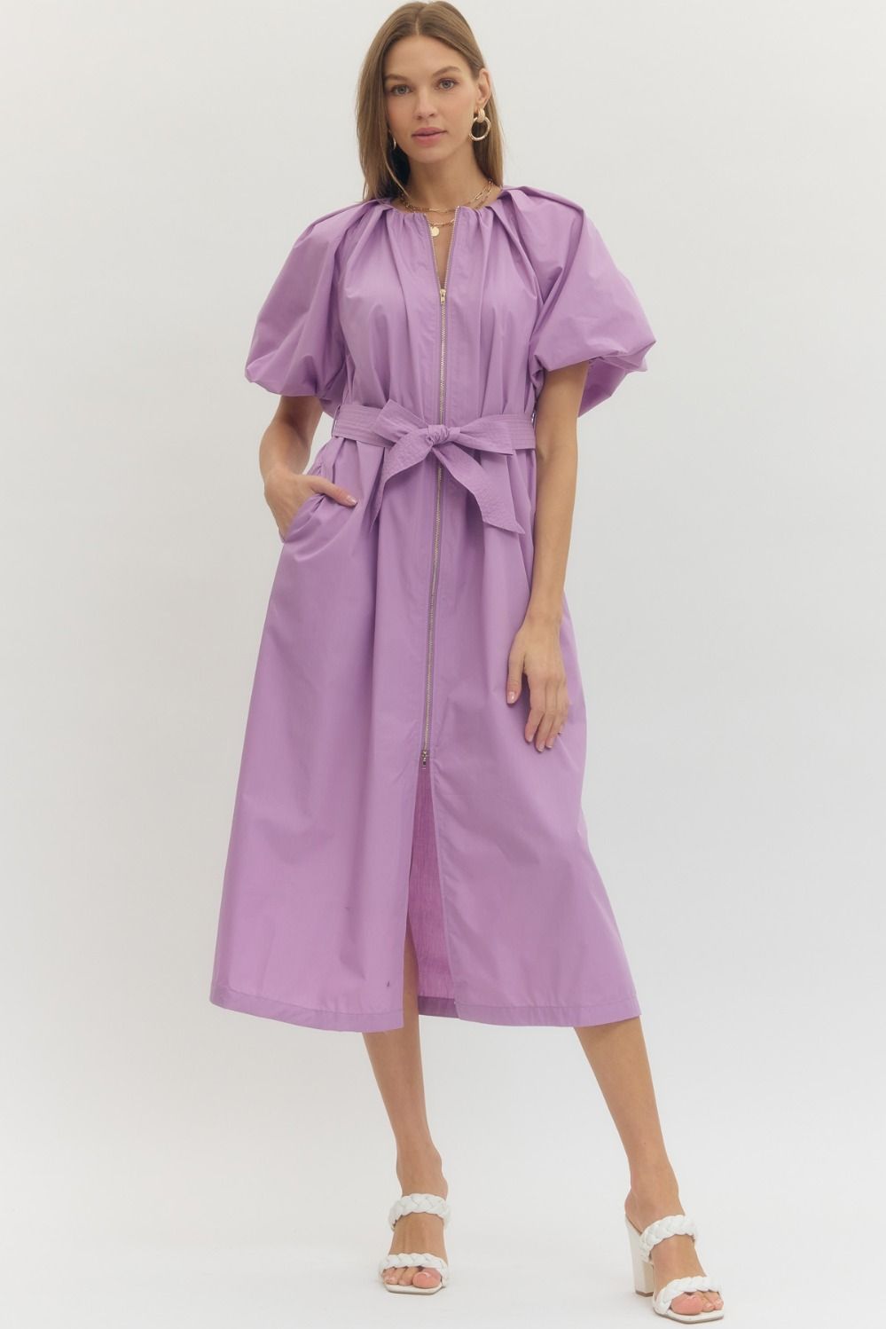 Solid Zip Up Midi Dress