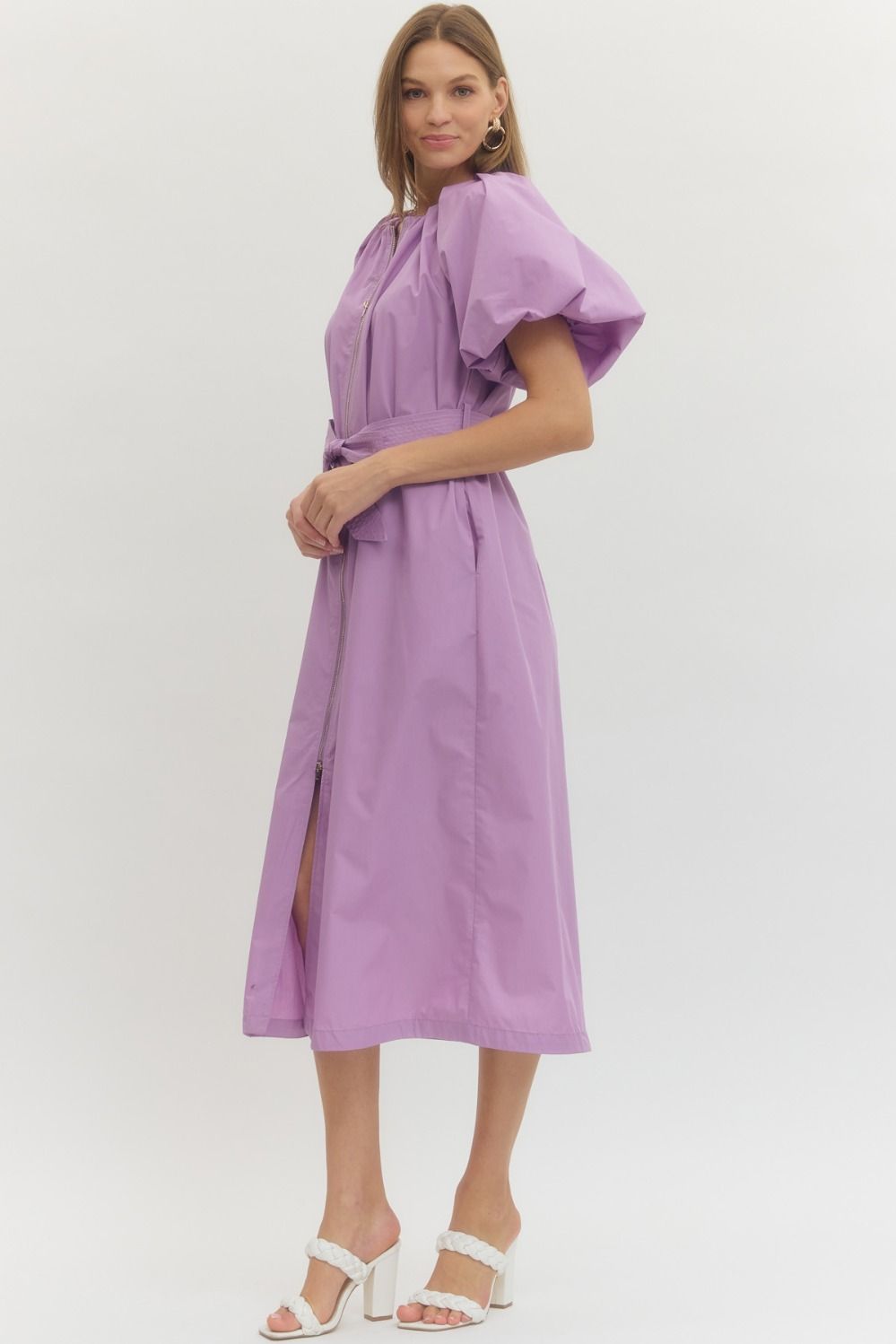 Solid Zip Up Midi Dress