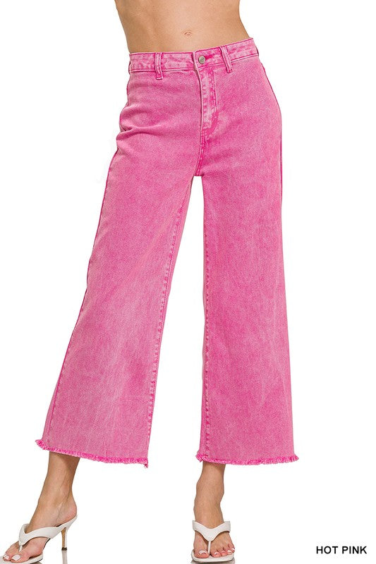 Zenana Acid Wash Frayed Hem Cropped Straight Pants