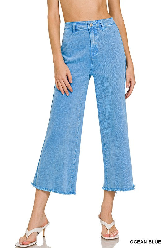 Zenana Acid Wash Frayed Hem Cropped Straight Pants