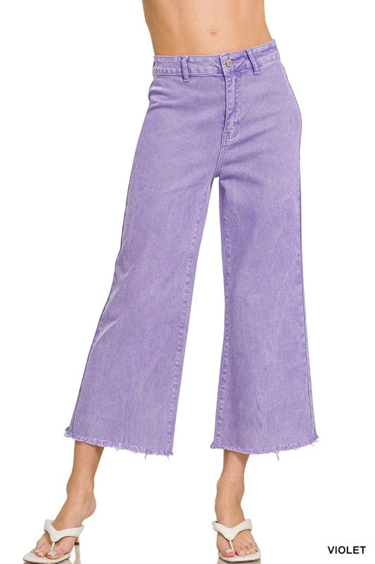 Zenana Acid Wash Frayed Hem Cropped Straight Pants