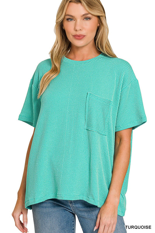 Zenana Raised Rib Short Sleeve Front Pocket Top