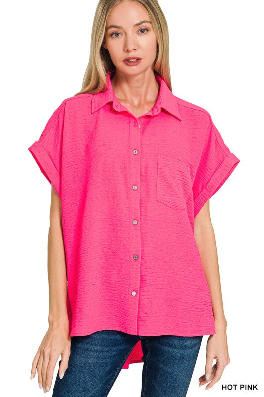 Zenana Woven Airflow Button Down Shirts