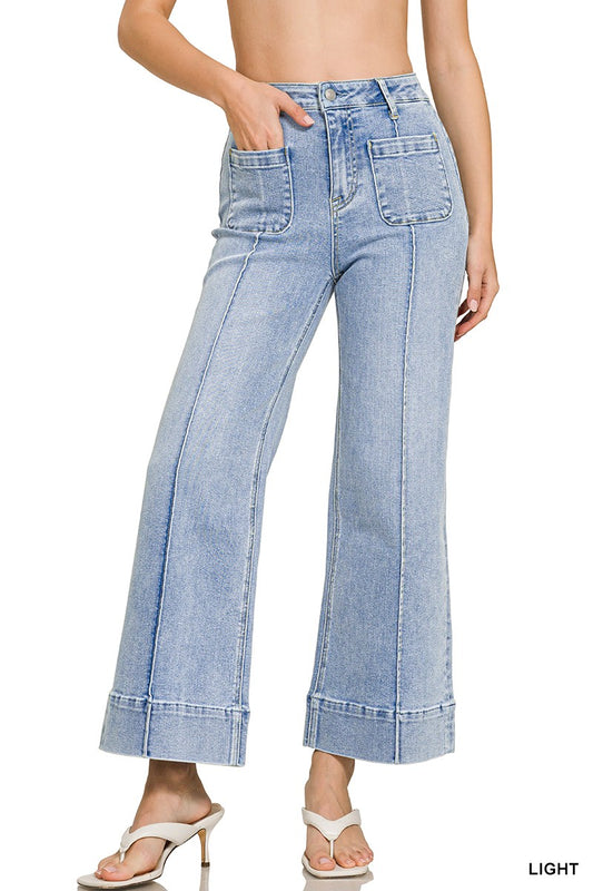 Zenana Utility Pocket Pintucked Denim Pants