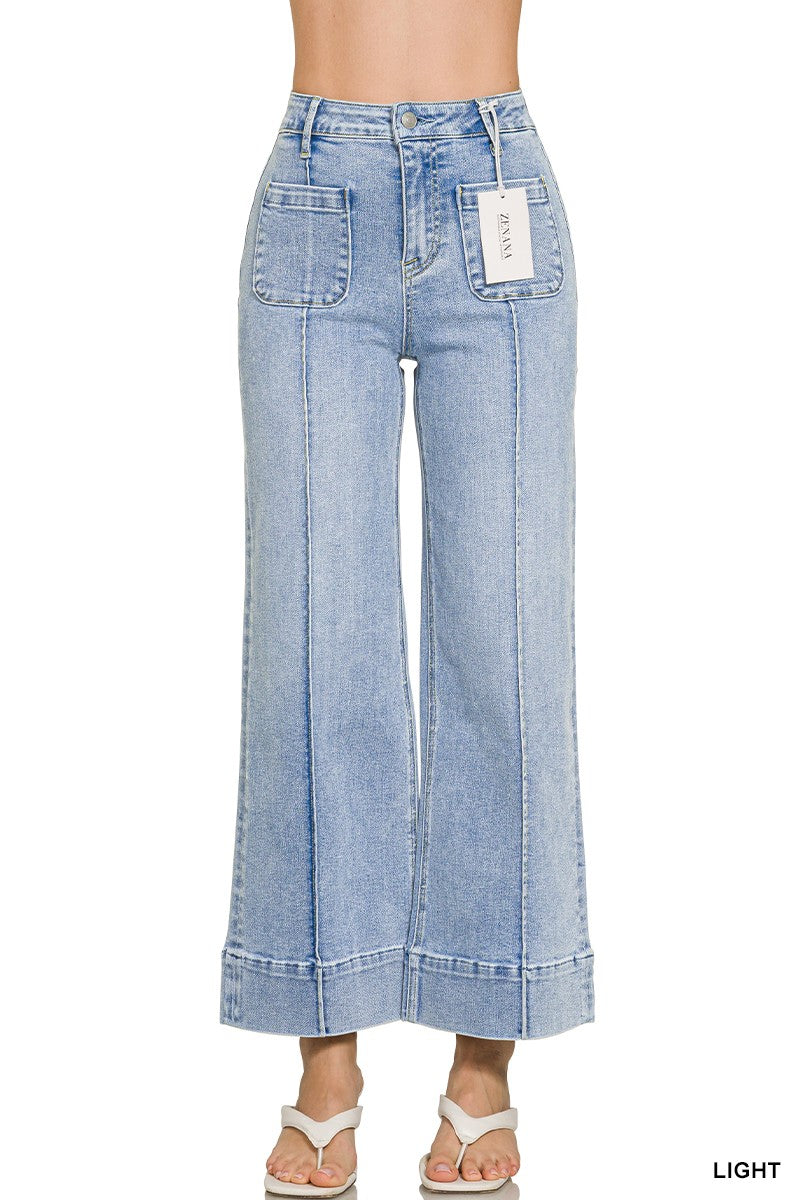 Zenana Utility Pocket Pintucked Denim Pants