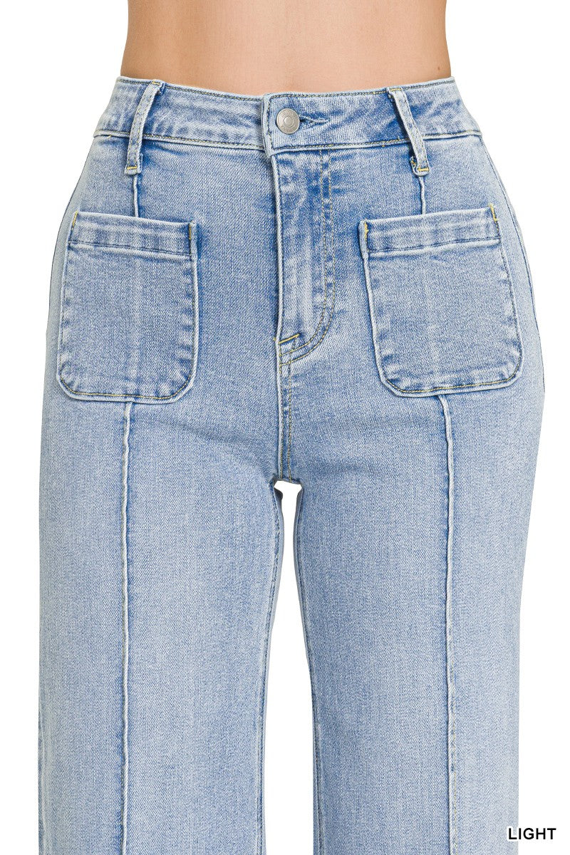 Zenana Utility Pocket Pintucked Denim Pants