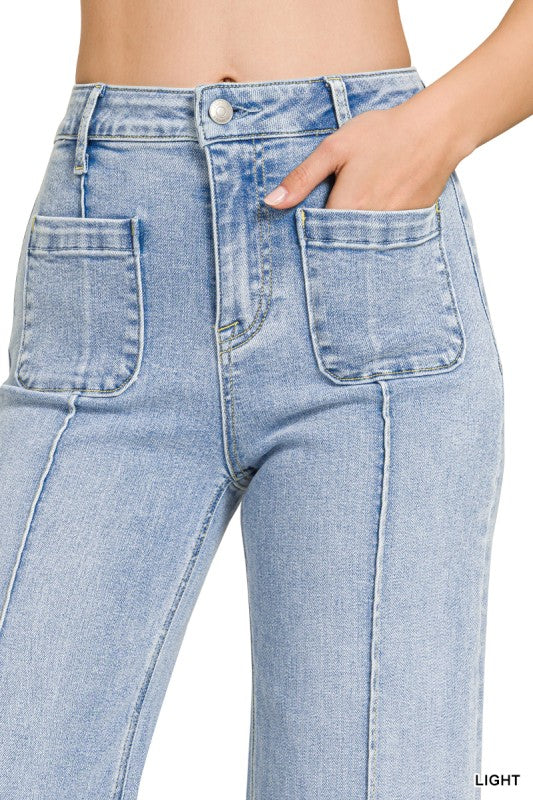 Zenana Utility Pocket Pintucked Denim Pants