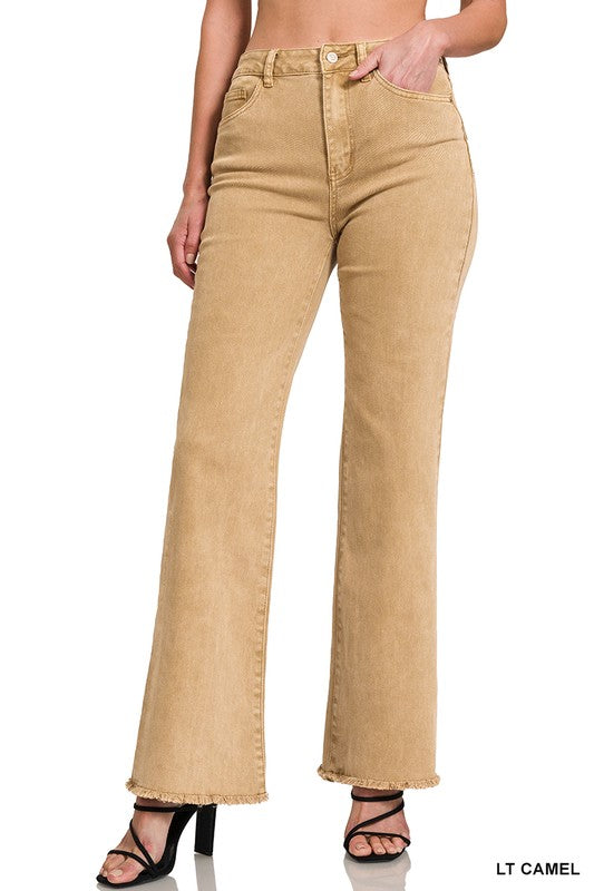 Zenana Acid Wash Frayed Hem Straight Wide Pants