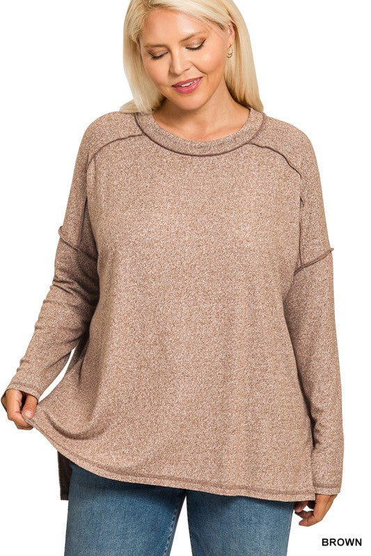 Zenana Plus Soft Melange Hacci Exposed Seam Hi-low Tee