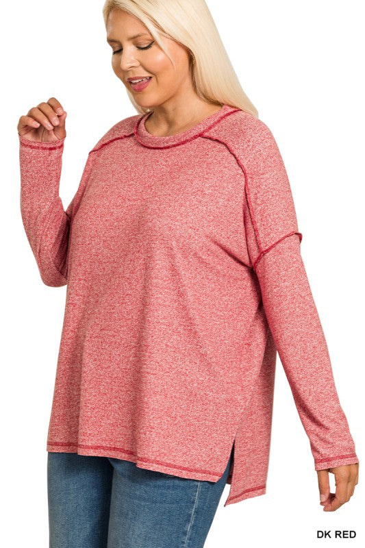 Zenana Plus Soft Melange Hacci Exposed Seam Hi-low Tee