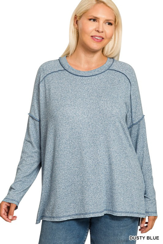 Zenana Plus Soft Melange Hacci Exposed Seam Hi-low Tee