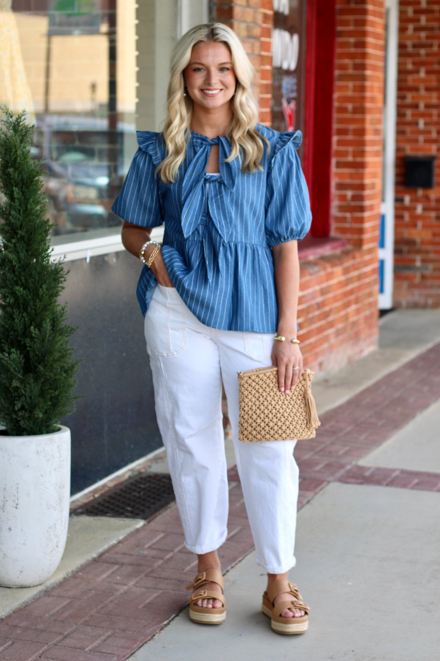Stripe Front Bow Denim Peplum Blouse