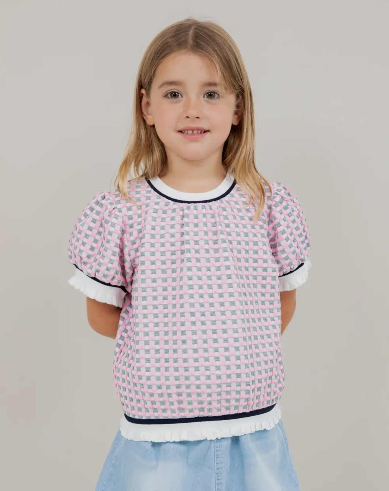 Girls Puff Sleeve Checkered Print Top