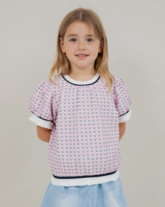 Girls Puff Sleeve Checkered Print Top