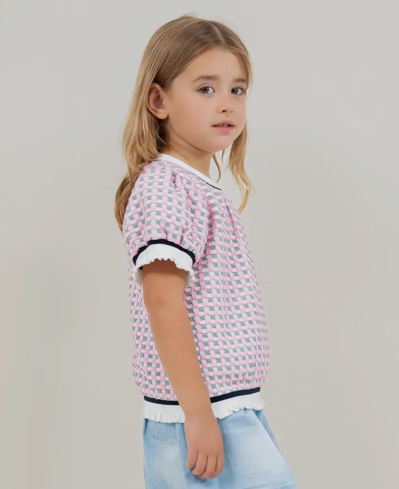 Girls Puff Sleeve Checkered Print Top