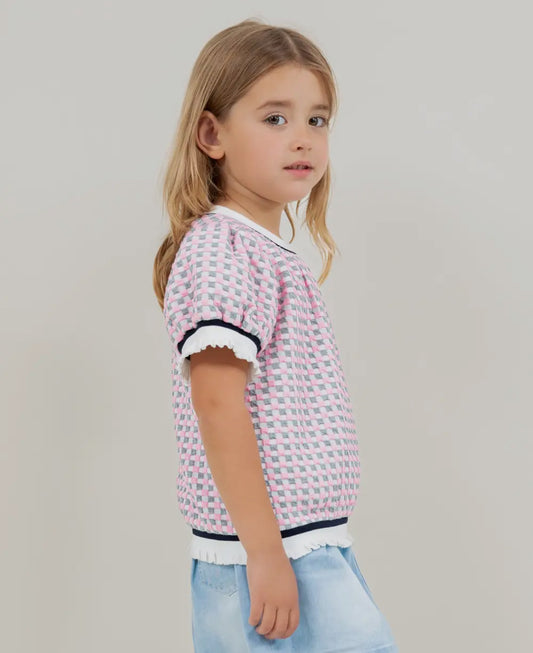 Girls Puff Sleeve Checkered Print Top