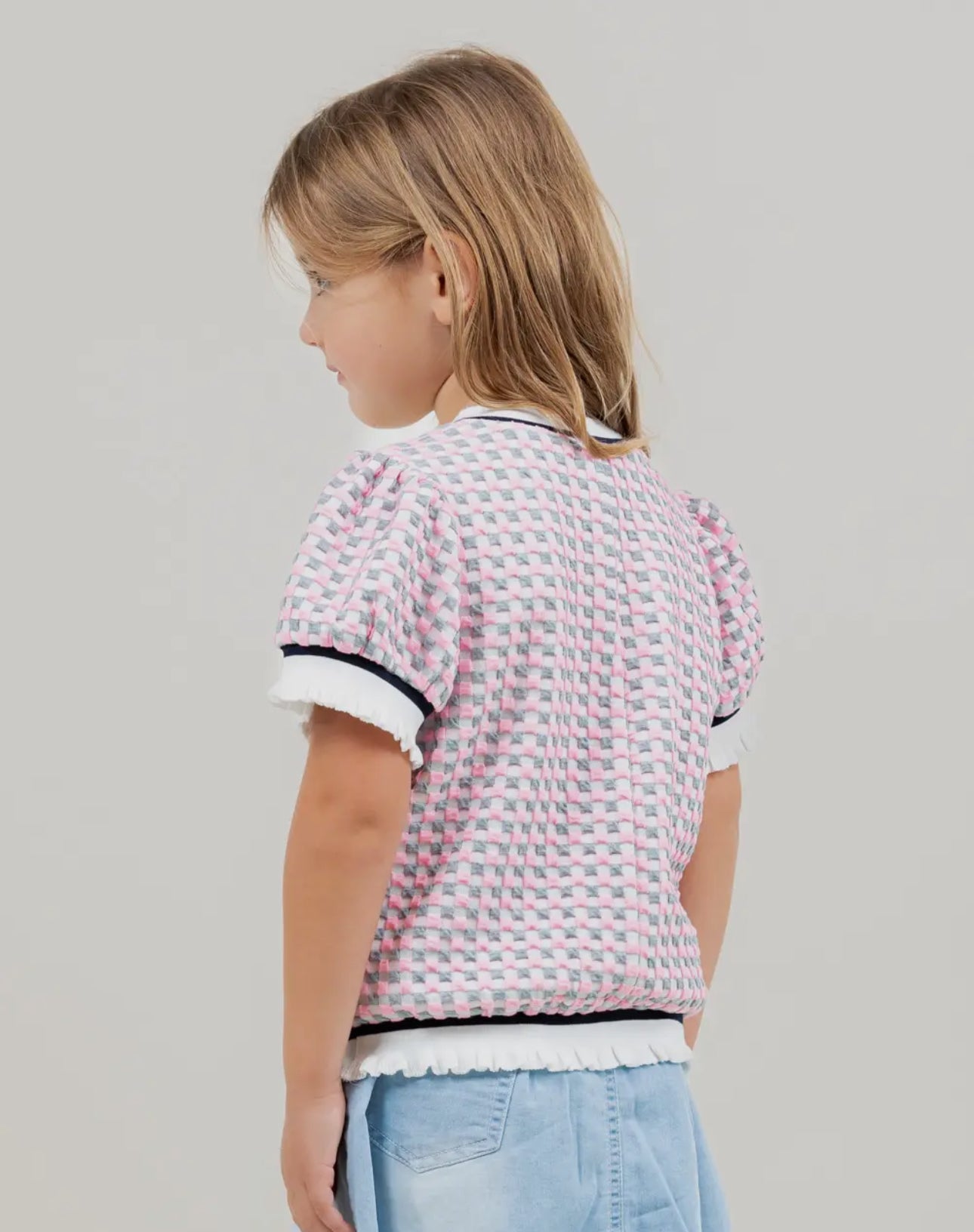 Girls Puff Sleeve Checkered Print Top