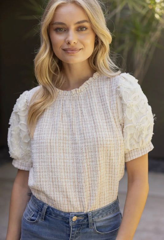 Floral Lace Sleeve Tweed Top