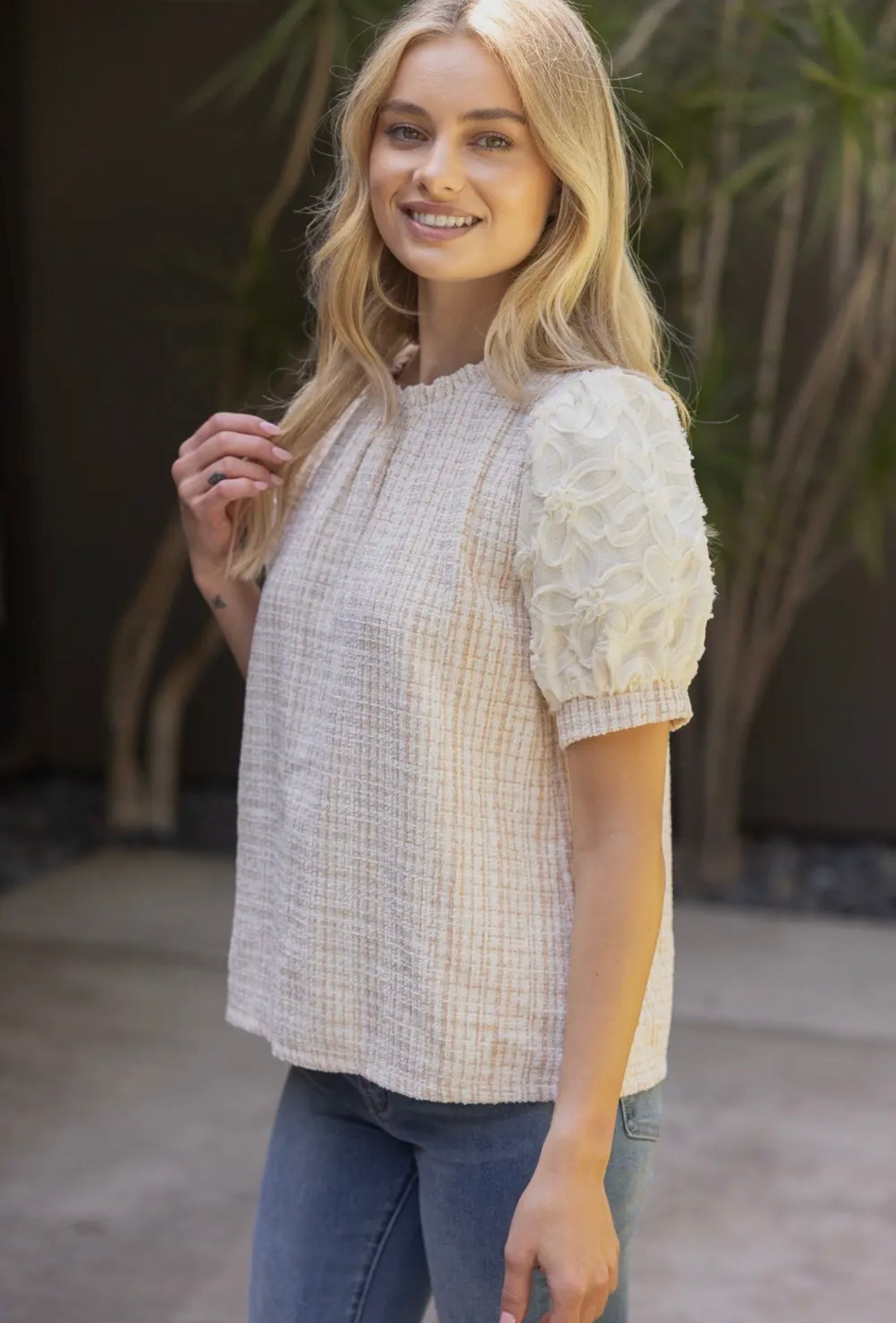 Floral Lace Sleeve Tweed Top