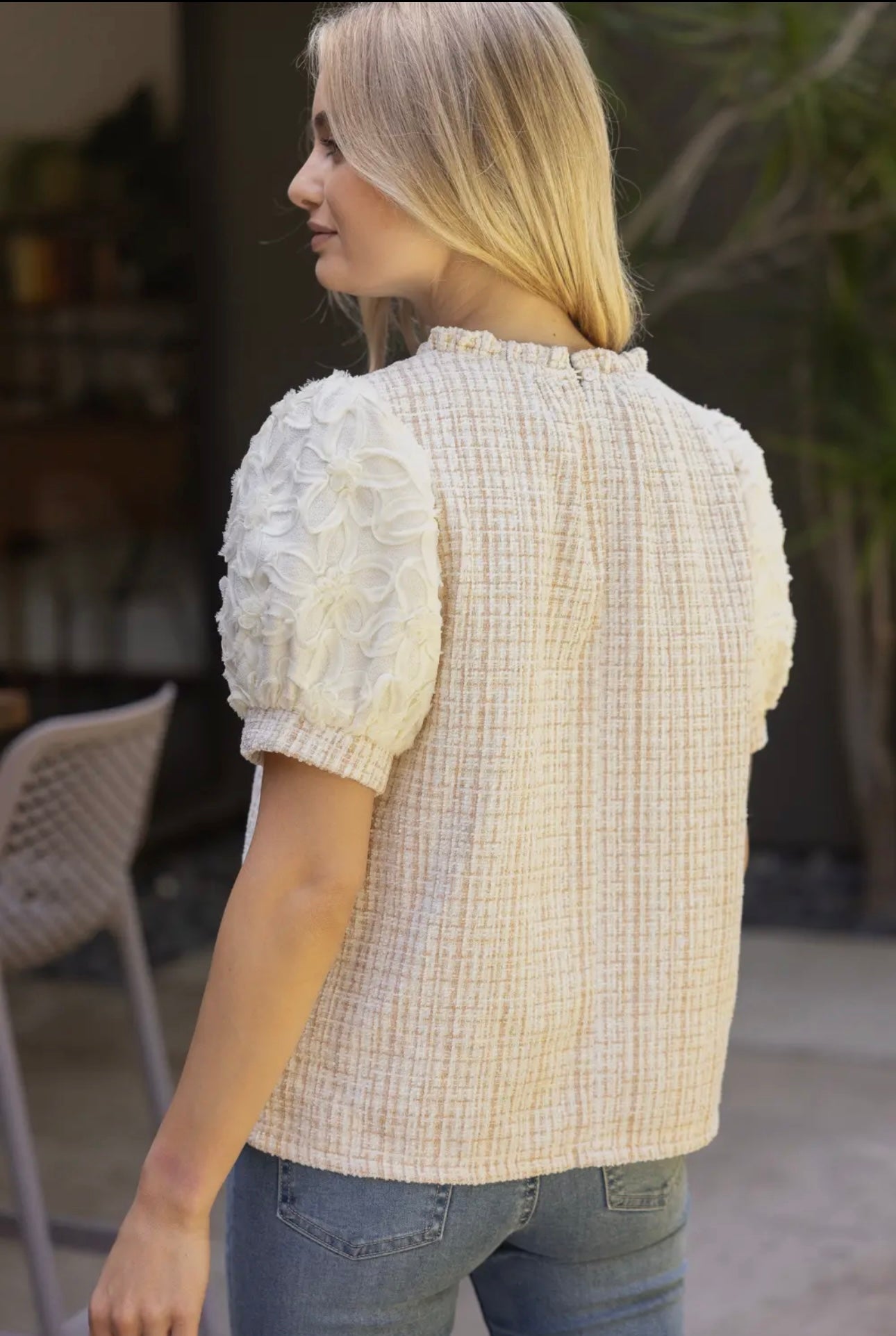 Floral Lace Sleeve Tweed Top