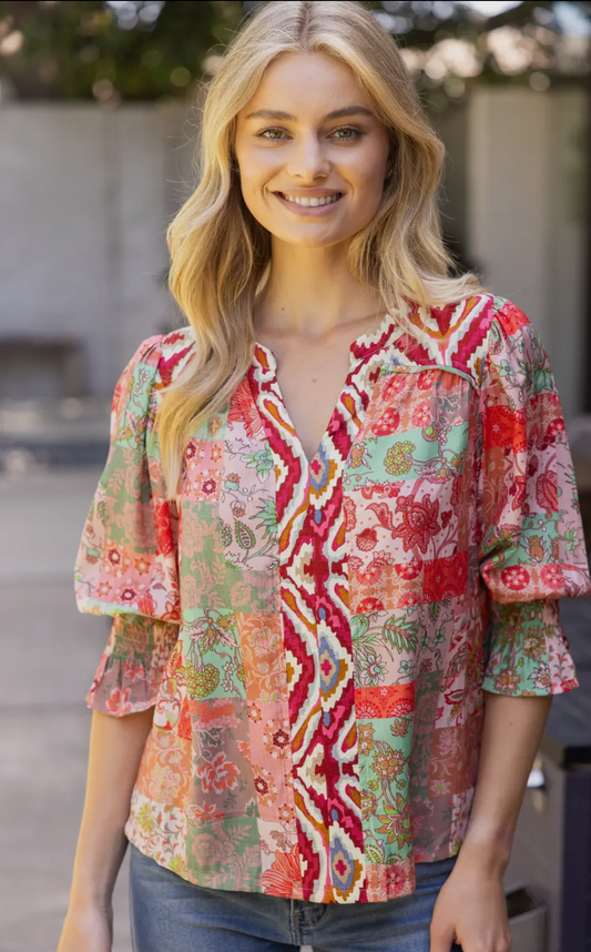 Piping Detailed Mixed Print Top